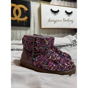 UGG Classic Mini Stellar Sequin boot in purple (multi iridescent chunky) sz 7